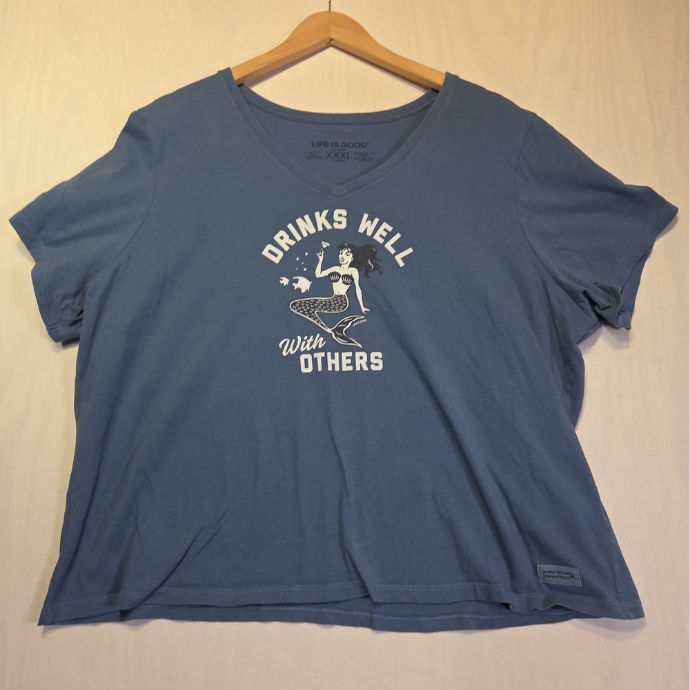 Life is Good Women XXXL Blue Drinks Well With Others Mermaid Boxy V Neck Tee